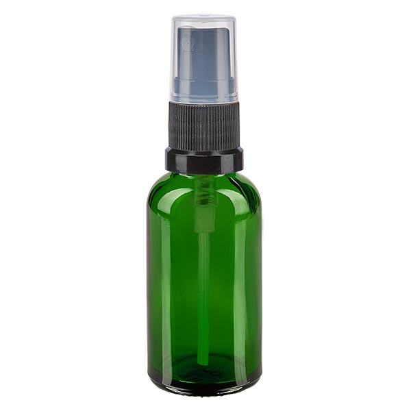 Lékárenská lahvička zelená 30ml s rozprašovacím uzávěrem černá Lékárenská lahvička zelená 30ml s rozprašovacím uzávěrem černá