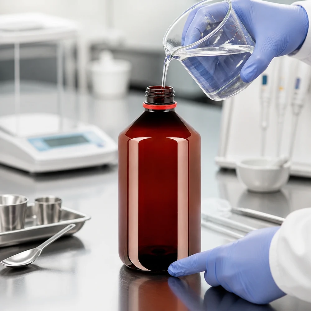 PET láhev s ochranou proti světlu o objemu 500 ml s červeným uzávěrem zajišťujícím neporušenost pro laboratorní kapaliny citlivé na světlo