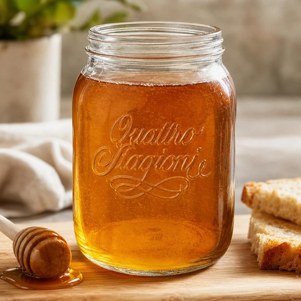 Quattro Stagioni 2000ml Haushaltsglas mit Honig gefüllt auf Holzbrett mit Honiglöffel und Waben