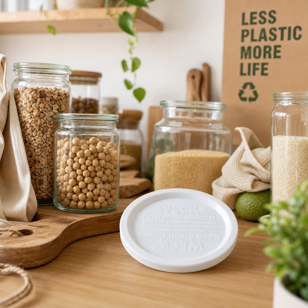 WECK REX Frischhaltedeckel RR120 weiß in nachhaltiger Zero-Waste Küche mit Vorratsgläsern und Holzutensilien