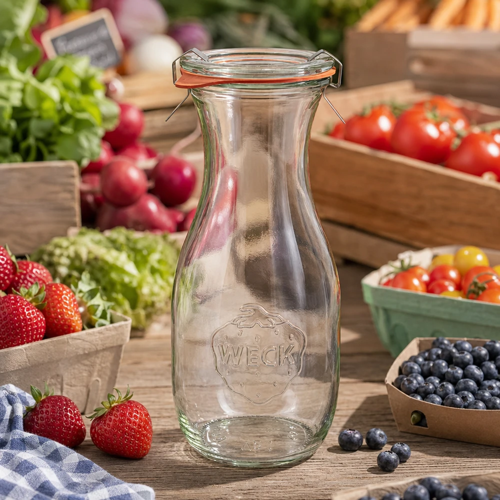 530ml láhev na džus kompletní WECK RR60 WECK Saftflasche 530ml RR60 leer mit Bügelverschluss zwischen frischem Obst und Gemüse auf Holztisch