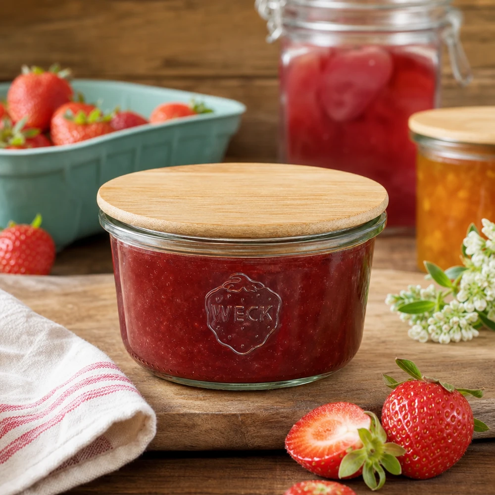 165ml tumblery WECK RR80 s dřevěným víkem buk WECK RR80 Einmachglas mit Erdbeerkonfitüre und Bambusdeckel in rustikaler Küchenszene mit frischen Früchten