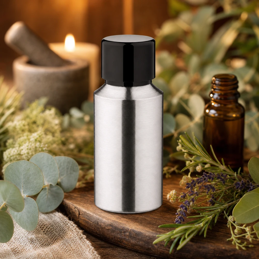 Hliníková leštěná lahvička o objemu 30 ml se šroubovacím uzávěrem 30ml Aluminiumflasche geschliffen mit schwarzer Kappe für lichtempfindliche Inhaltsstoffe