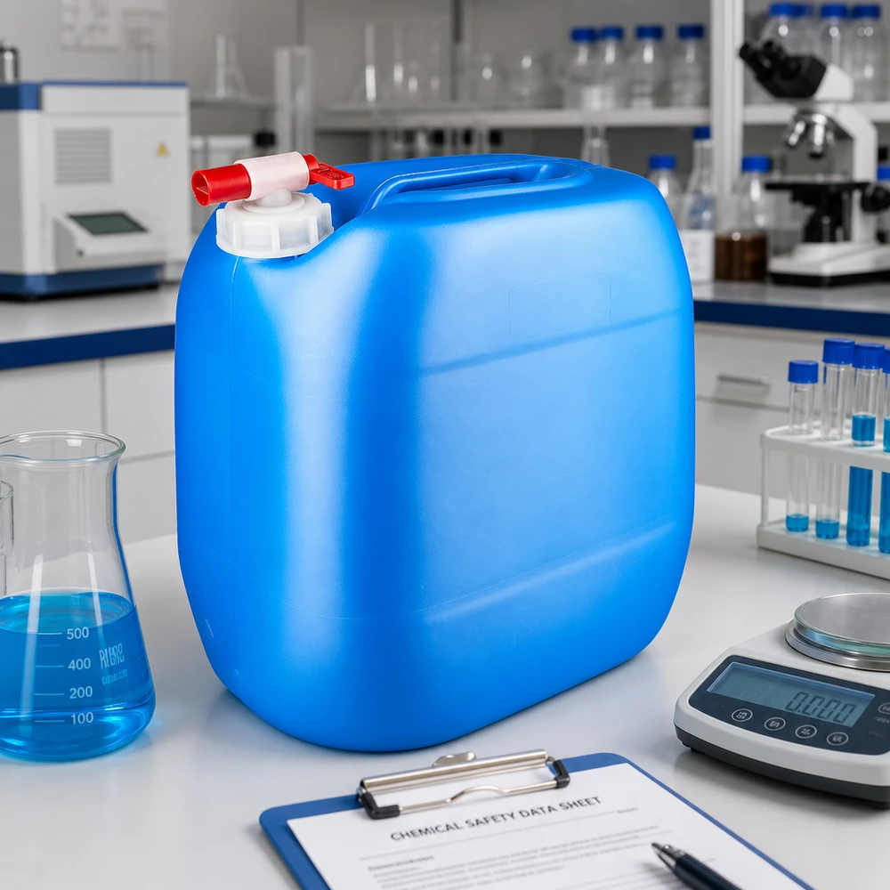 Kanystr 30 litrů modrý s vypouštěcím kohoutem Blauer Polyethylenkanister 30L mit roten Auslaufventil und Laborwaage im Hintergrund