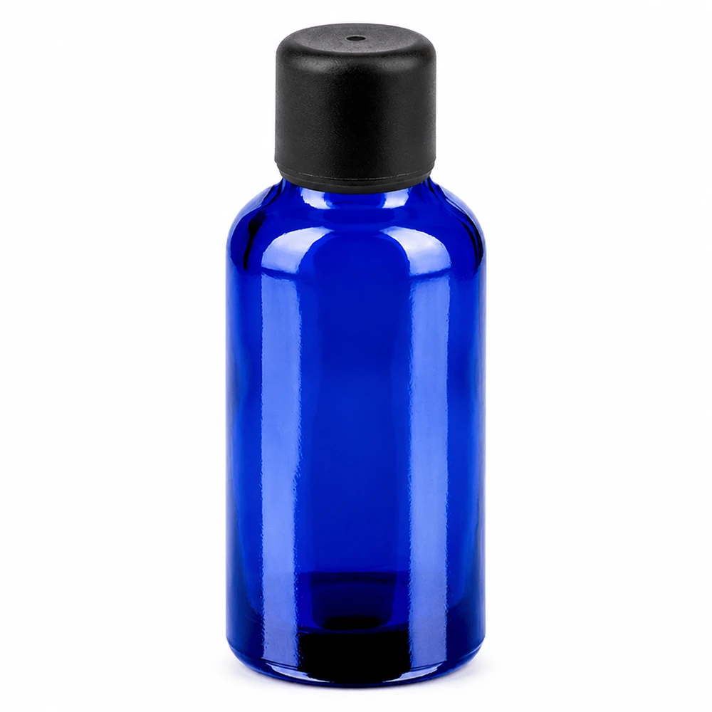 30ml blaue Apothekerflasche mit schwarzem Deckel für Seren und Tinkturen