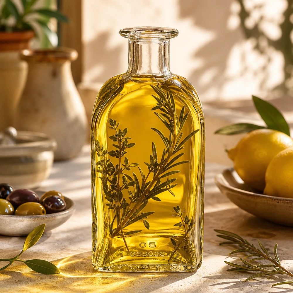 500ml Glasflasche "Julia" ohne Verschluss UNiTWIST 500ml Glasflasche Julia mit Olivenöl und Kräutern befüllt mediterrane Küche mit Oliven und Zitronen