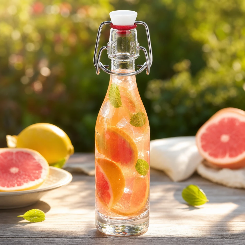50ml Glasflasche mit Bügelverschluss PVC gefüllt mit Grapefruit-Minz-Wasser in sommerlicher Garten-Atmosphäre