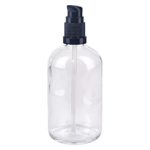 Lékárenská láhev čirá 100ml pumpovací uzávěr černý standardní Lékárenská láhev čirá 100ml pumpovací uzávěr černý standardní