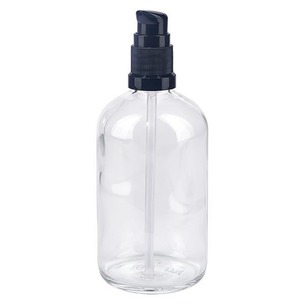 Lékárenská láhev čirá 100ml pumpovací uzávěr černý standardní Lékárenská láhev čirá 100ml pumpovací uzávěr černý standardní