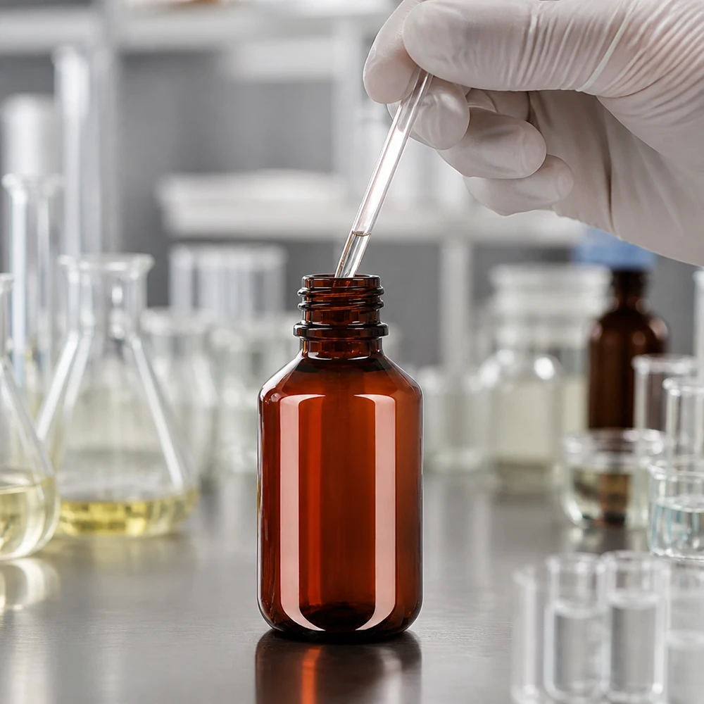 Praktická 100ml PET láhev jantarové barvy s černou dávkovací pumpičkou pro přesné dávkování