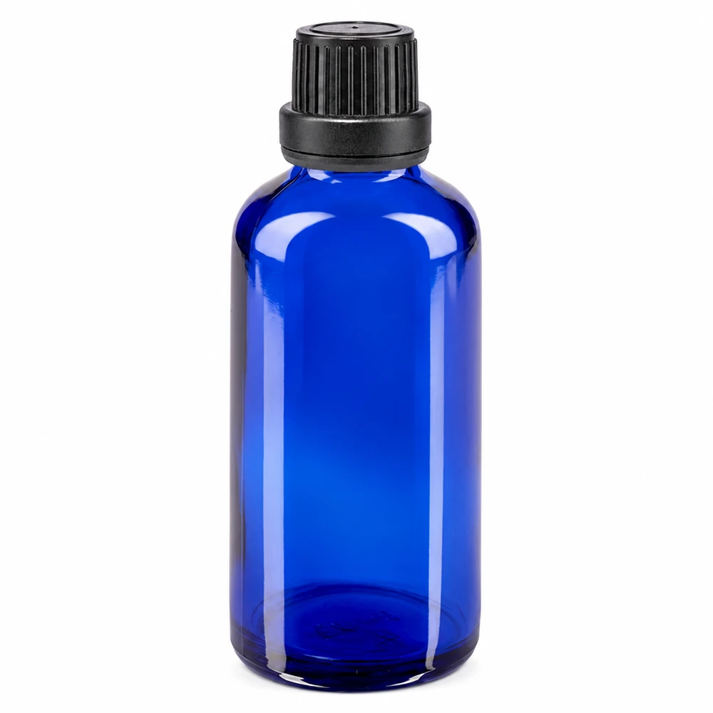 Lékárenská láhev modrá 50ml kapací uzávěr s nalévacím kroužkem 2mm černý uzávěr proti neoprávněné manipulaci. 50ml Apotheken Tropfflasche blau mit schwarzem Schraubdeckel und 2mm Tropfeinsatz aus Borosilikatglas