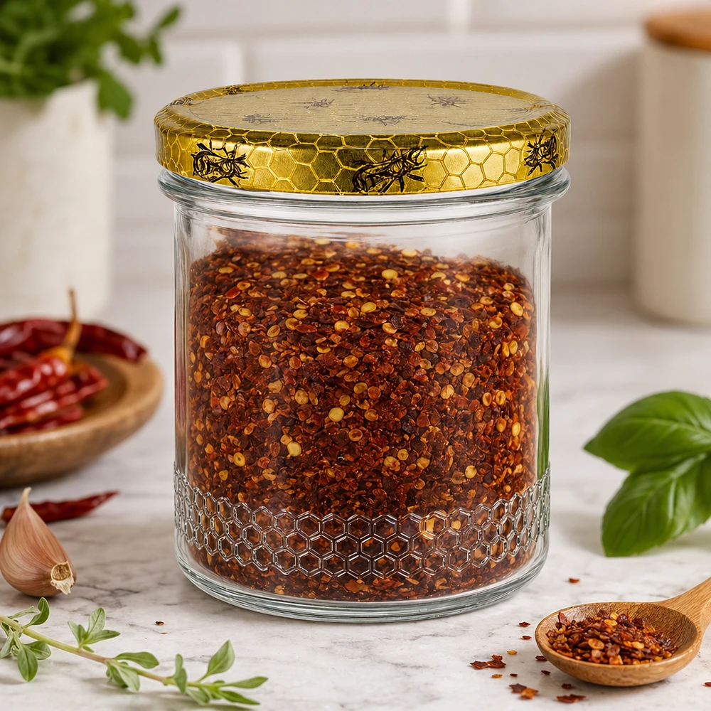 560g Honigglas + BasicSeal Deckel Bienenwabe UNiTWIST 400ml Honigglas mit Chili-Gewürzmischung gefüllt, Bienenwaben-Deckel, Küchenszene mit Kräutern und Holzlöffel