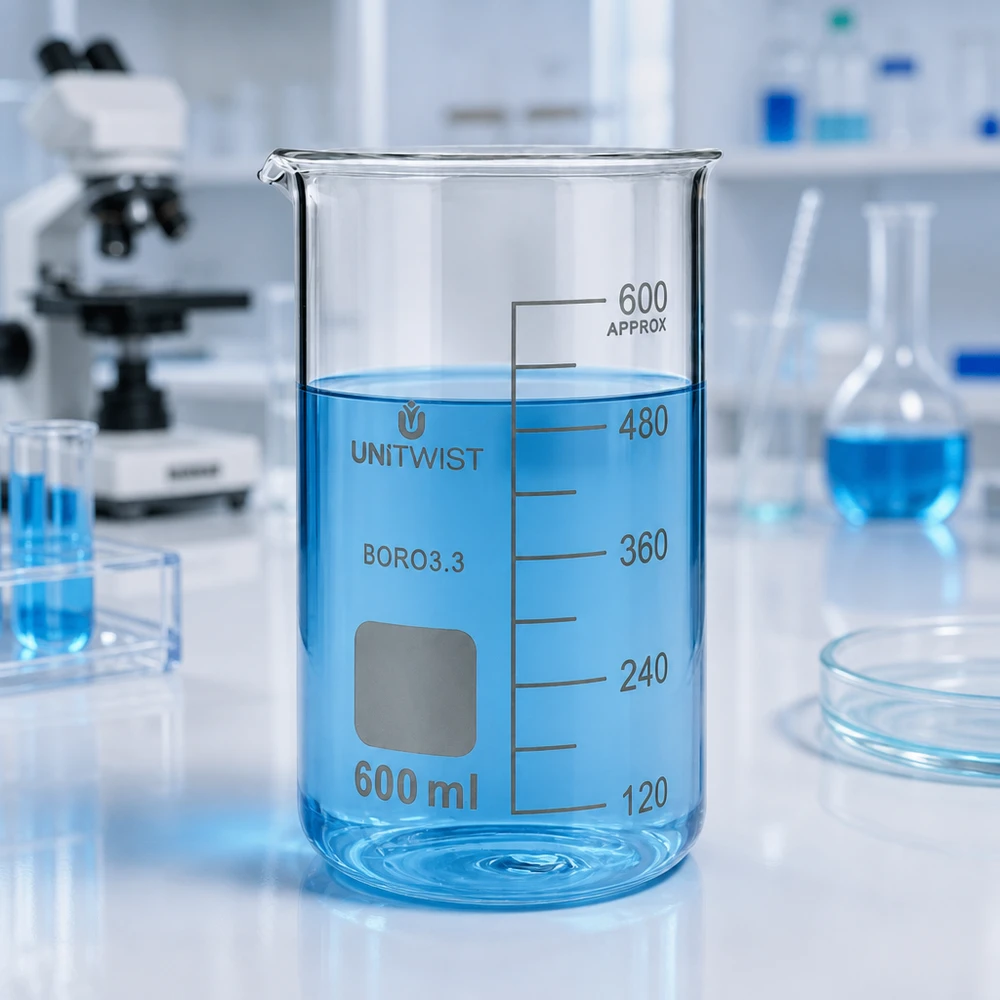 Kádinka 600 ml borosilikátová, vysoká forma UNiTWIST Becherglas hohe Form 600ml UNITWIST BORO3.3 mit weißem Beschriftungsfeld transparent