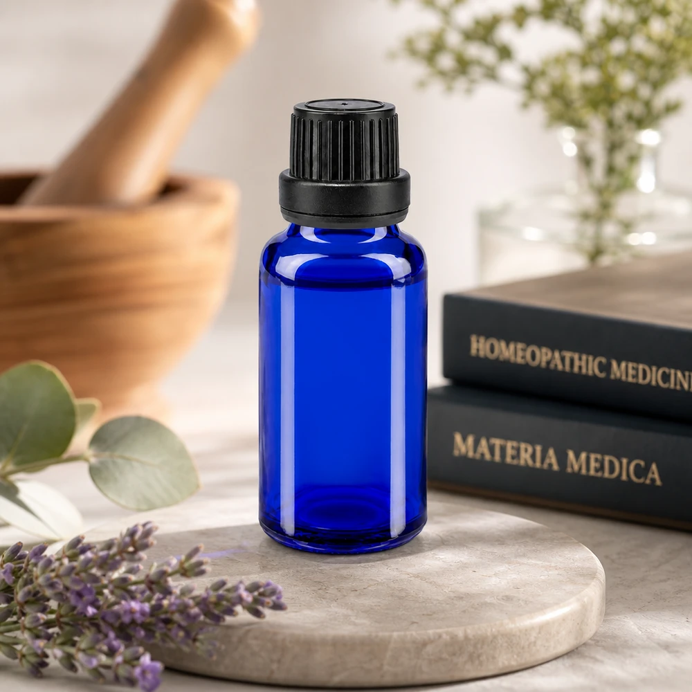 Lékárenská láhev modrá 20ml kapátko s nalévacím kroužkem 2mm černý tamper-evidentní uzávěr Blaue 20ml Glasflasche mit präzisem 2mm Tropfverschluss für Aromatherapie und Naturheilmittel