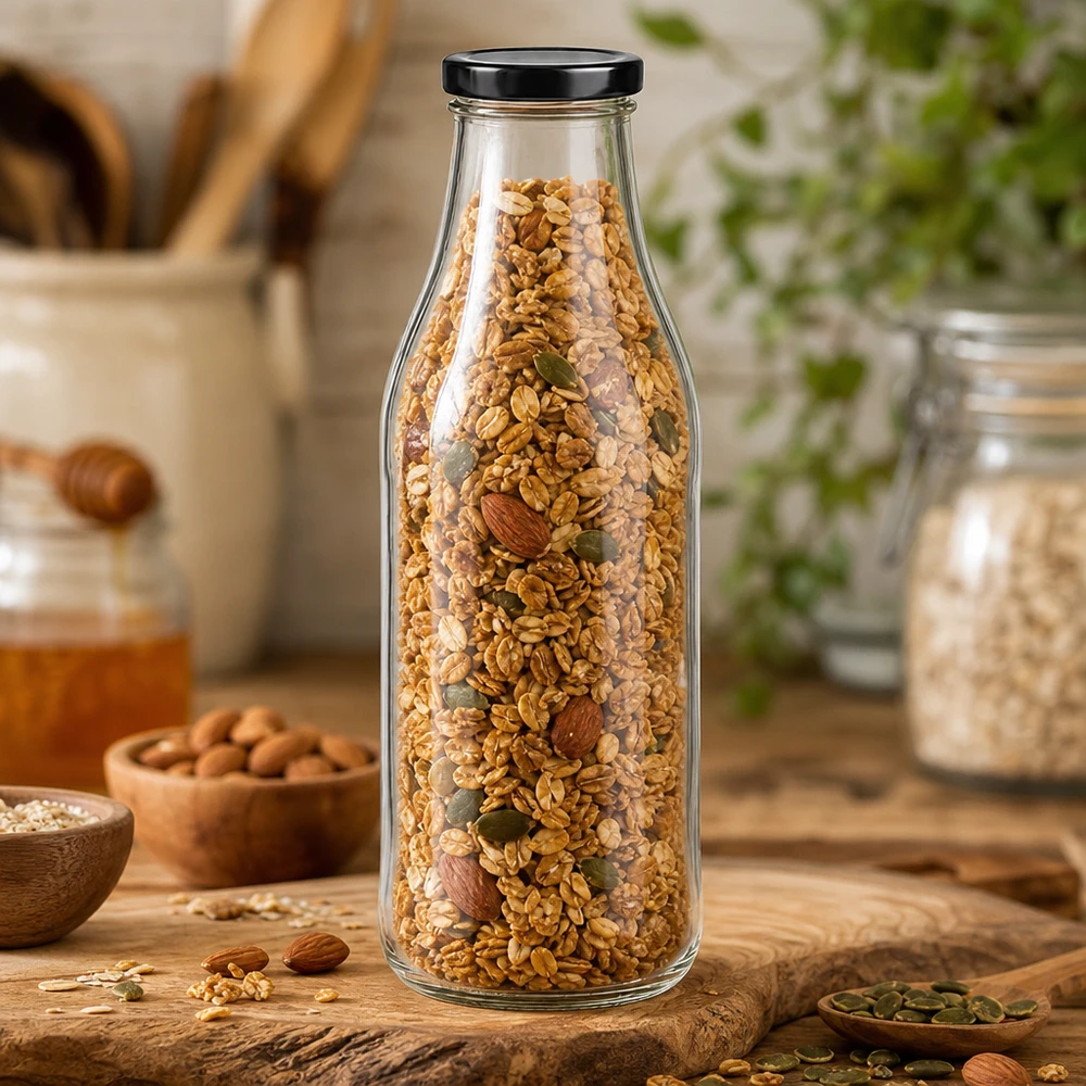 1000ml Glasflasche mit schwarzem Deckel gefüllt mit Müsli-Nüsse-Mix zur Aufbewahrung von Lebensmitteln