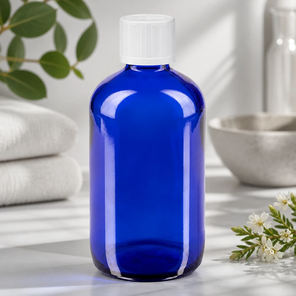 Lékárenská láhev modrá 100ml kapátko uzávěr bílý dětský bezpečnostní standard. Kindersichere Tropfflasche 100ml ApoGlas blau für Pharmazeutika und Naturheilmittel