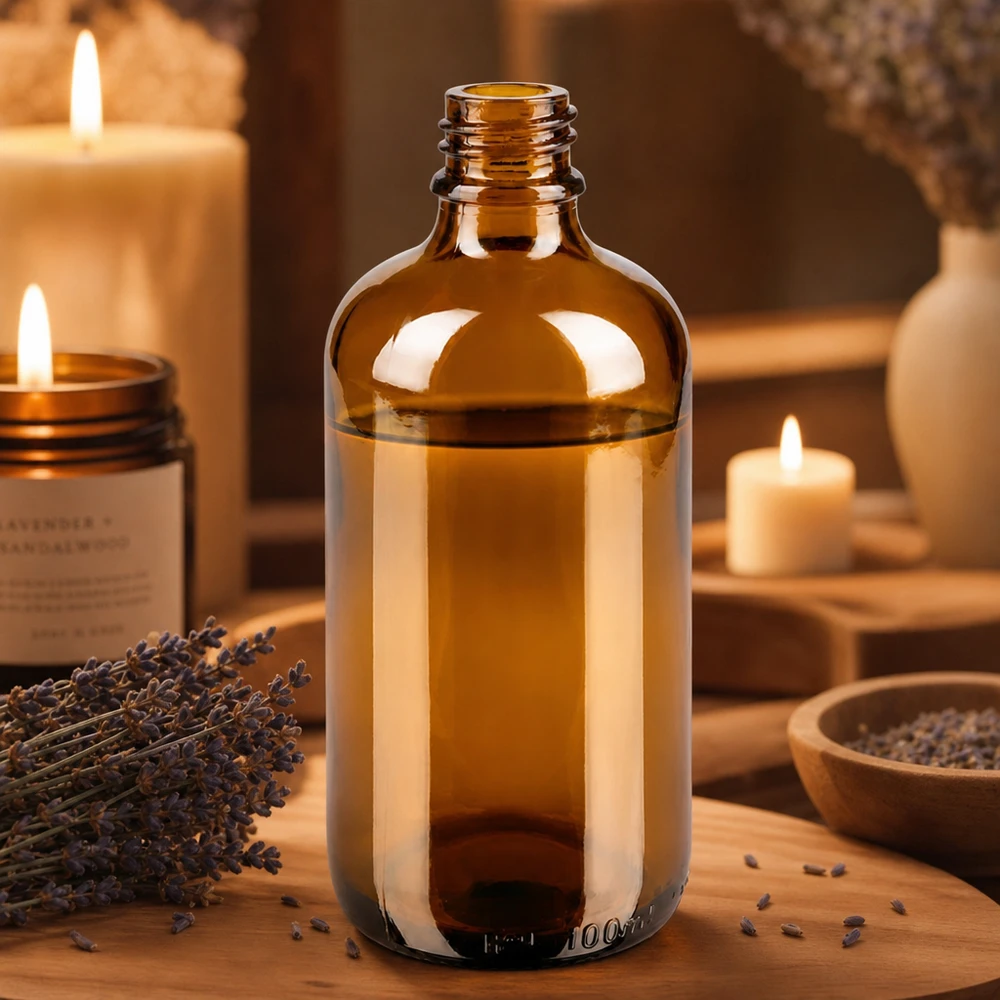 Lahvička s kapátkem 100 ml DIN 18 z jantarového skla Braune 100ml ApoGlas Apothekerflasche mit Lavendel Aromatherapie und Kerzen in warmem Ambiente auf Holz