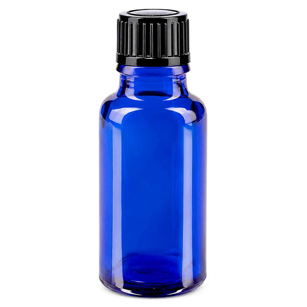 Lékárenská lahvička modrá 20ml kapací uzávěr standardní černý 1mm Hochwertige kobaltblaue Tropfflasche 20ml STD für ätherische Öle und Pharmazeutika