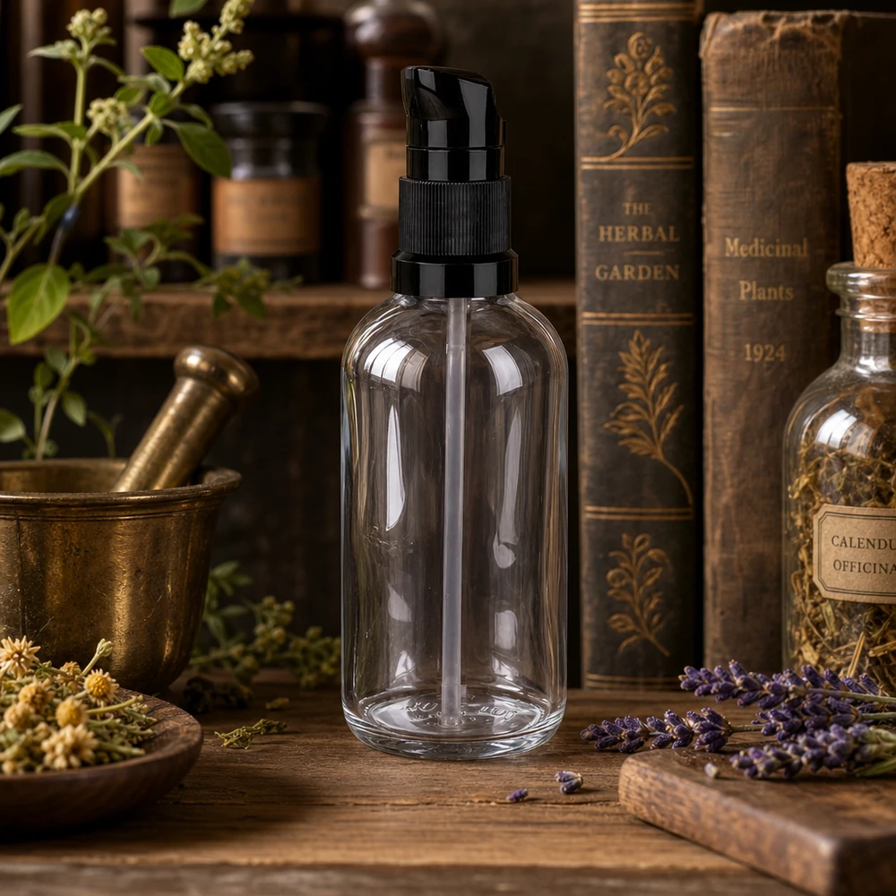 100ml láhev s pumpičkou černá standardní uzávěr ClearLine UT18/100 Glasflasche mit Pumpe 100ml ClearLine schwarze Kappe Korkflasche Naturheilkunde Ambiente