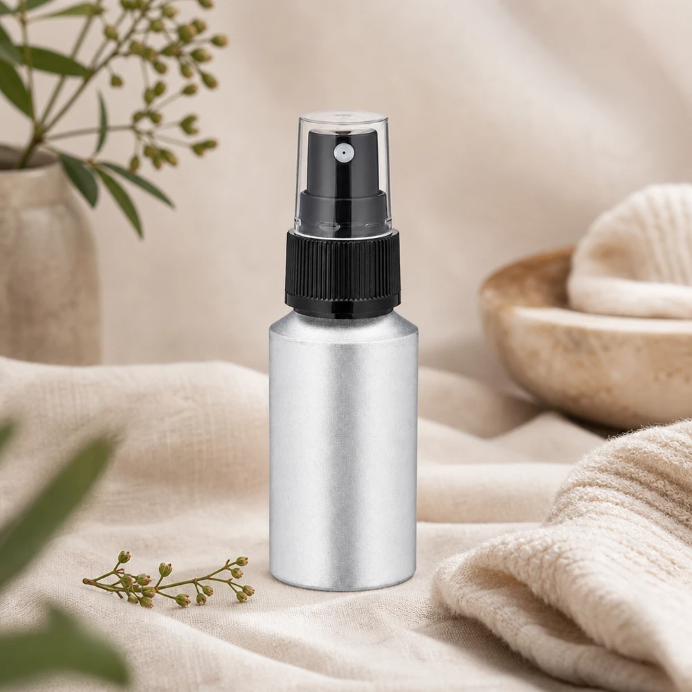 Leichte 30ml Aluminiumflasche mit schwarzem Pumpsystem ideal für Reisen und Handtasche