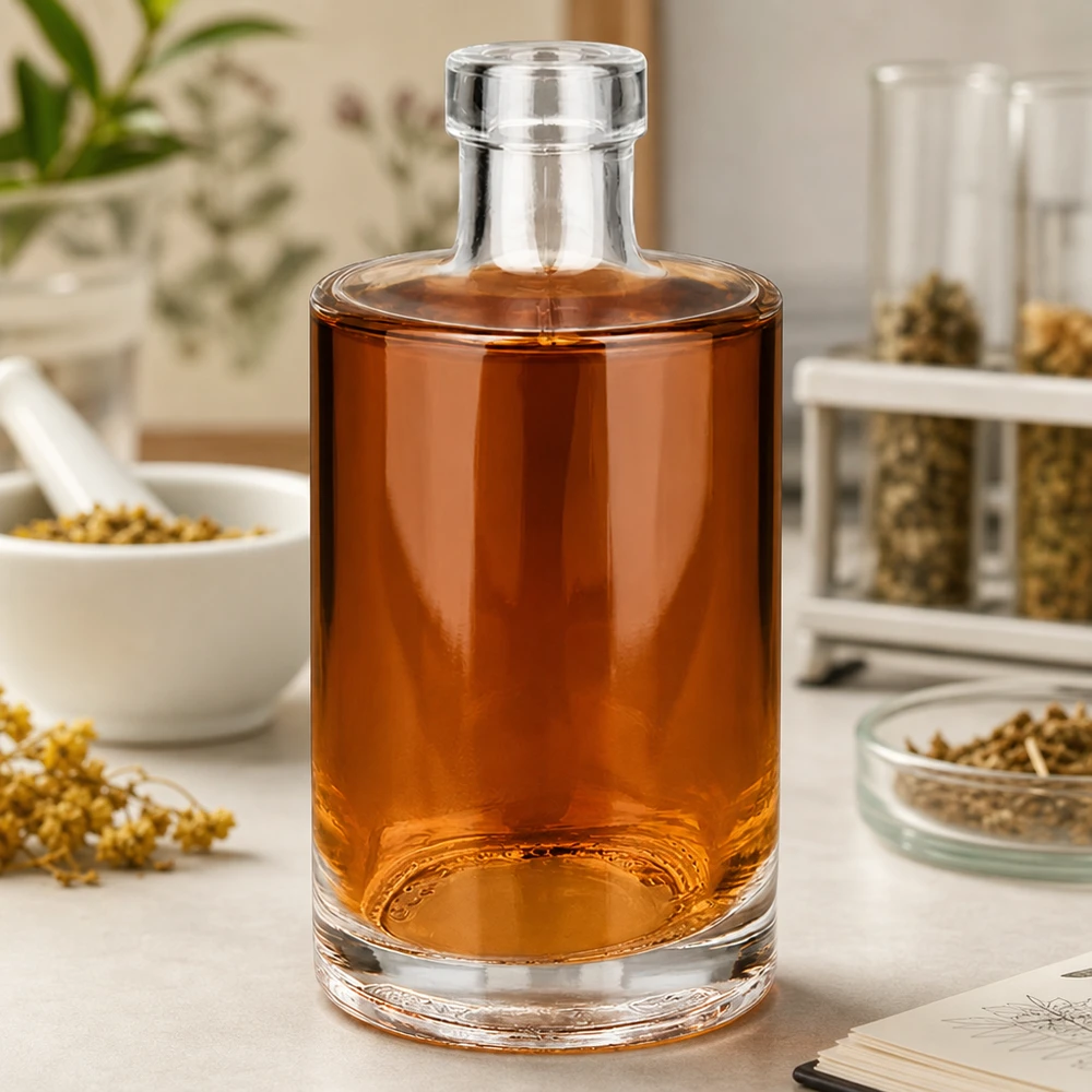 350ml Glasflasche "Marie" ohne Verschluss UNiTWIST 350ml Glasflasche Marie mit bernsteinfarbenem Inhalt auf Küchentheke zwischen Gewürzen und Kräutern Bild 5 von 10