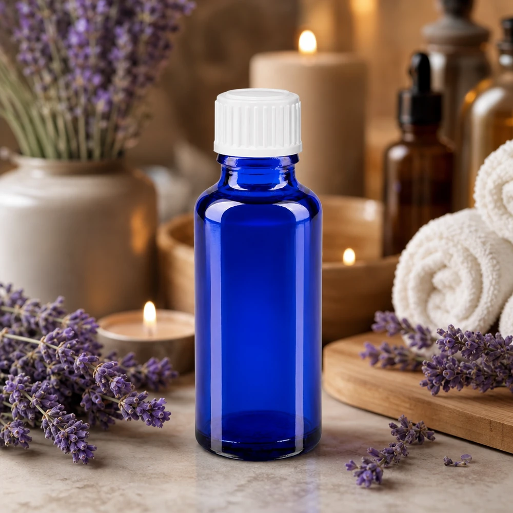 Lékárenská lahvička modrá 30ml šroubovací uzávěr bílá standardní Blauglas Flakon 30ml mit weißem Schraubdeckel 11mm für Naturkosmetik und Öle