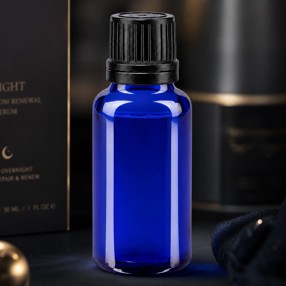 Lékárenská lahvička modrá 20ml kapátko bílé 0,8mm standardní Lichtschutzflasche 20ml kobaltblau mit schwarzem Tropfverschluss für empfindliche Öle und Essenzen