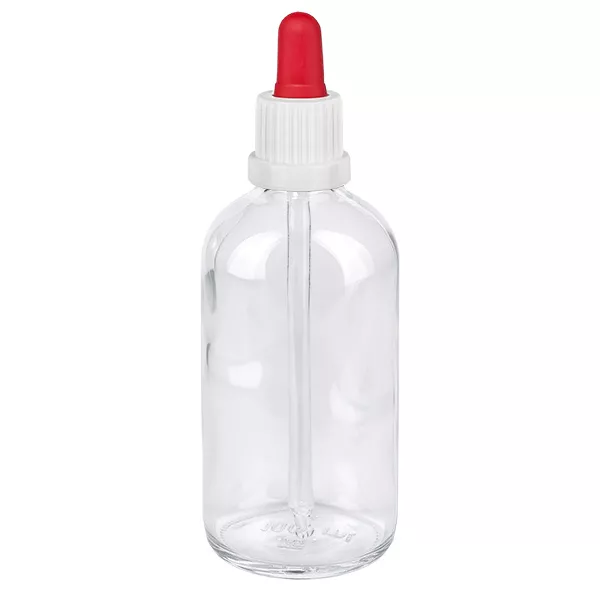 100ml pipetovací láhev bílá/červený uzávěr s ochranou proti manipulaci ClearLine UT18/100 Leere 100ml Glasflasche mit Pipettenaufsatz weiss rot ideal für Tropfen Tinkturen und Seren