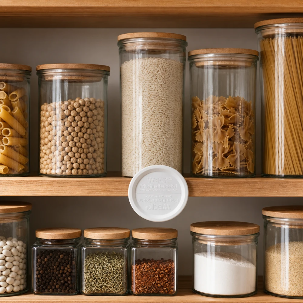 Přilnavé víko WECK RR120 WECK Frischhaltedeckel RR120 weiß in organisierter Speisekammer mit Pasta Reis Hülsenfrüchten Gewürzen Vorratsgläsern