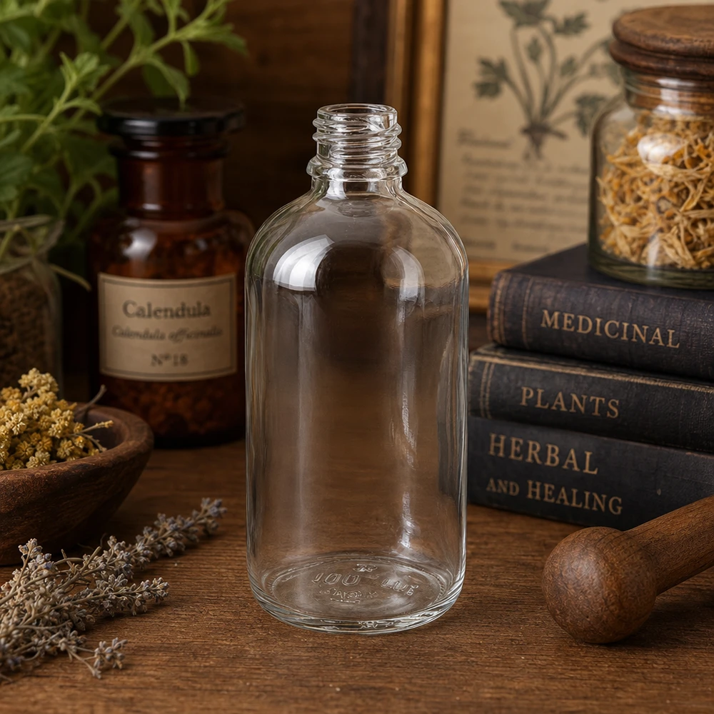 100ml lékárenská láhev ClearLine UT18/100 UNiTWIST Kleine 100ml Glasflasche mit Schraubgewinde DIN18 ClearLine Serie im naturheilkundlichen Kräuterstudio