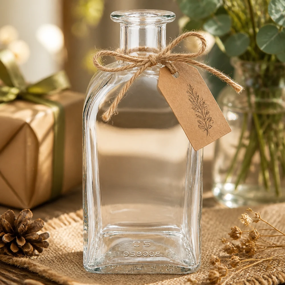 500ml Glasflasche Julia mit rustikaler Dekoration Kraftpapier-Anhänger und Juteschnur auf natürlichem Holzhintergrund