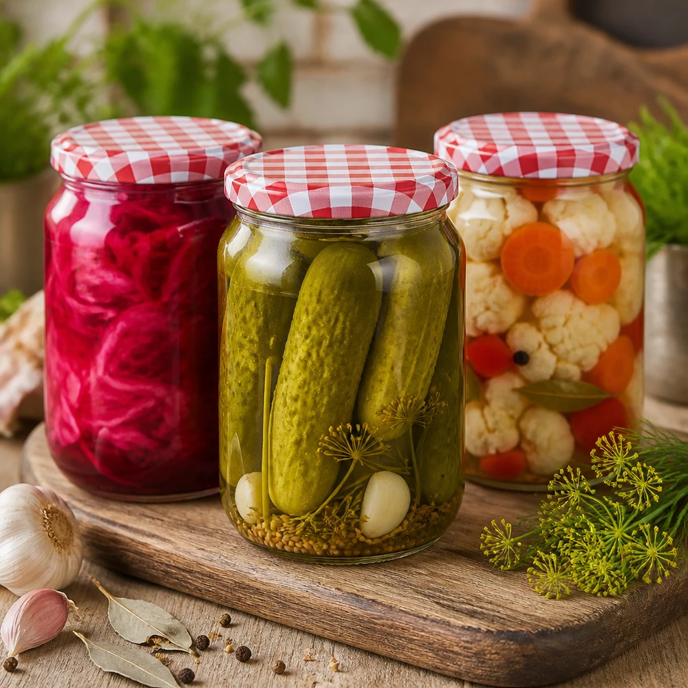 795ml kulatá sklenice s víčkem BasicSeal červená/bílá UNiTWIST 795ml Rundglas BasicSeal Deckel mit eingelegten Gurken, Sauerkraut und Mischgemüse auf Holzbrett mit Gewürzen