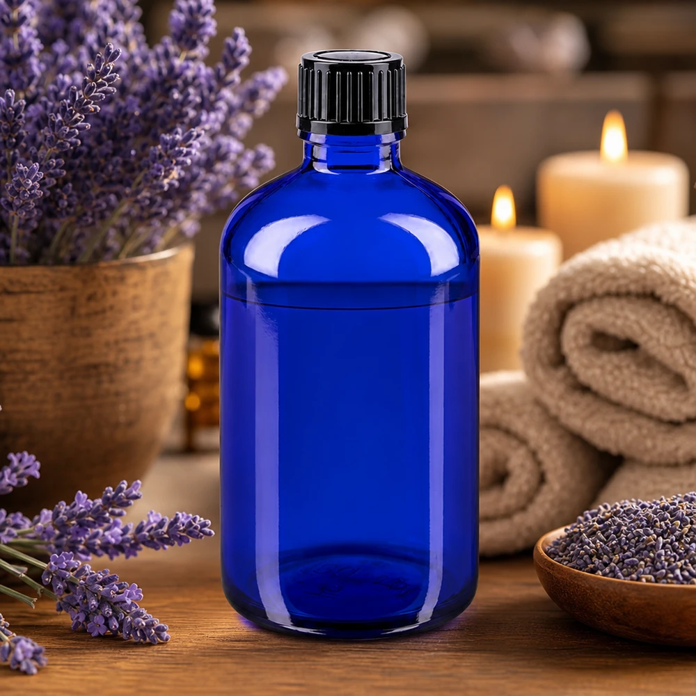 Lékárenská láhev modrá 100ml šroubovací uzávěr černá standardní Blaue Apothekerflasche aus Glas 100ml für Öle Tinkturen und Essenzen