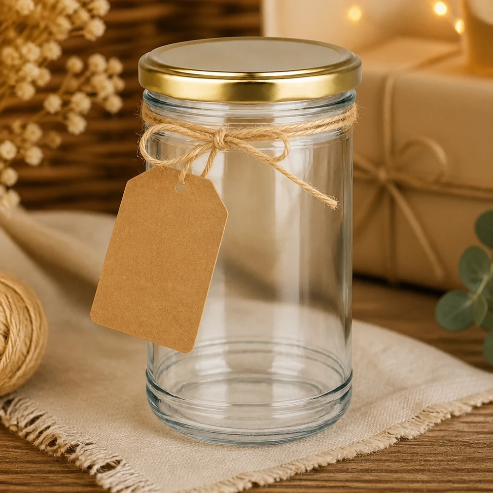 1053ml Sturzglas mit goldenem BasicSeal Deckel und Kraftpapier-Etikett als DIY-Geschenkverpackung dekoriert