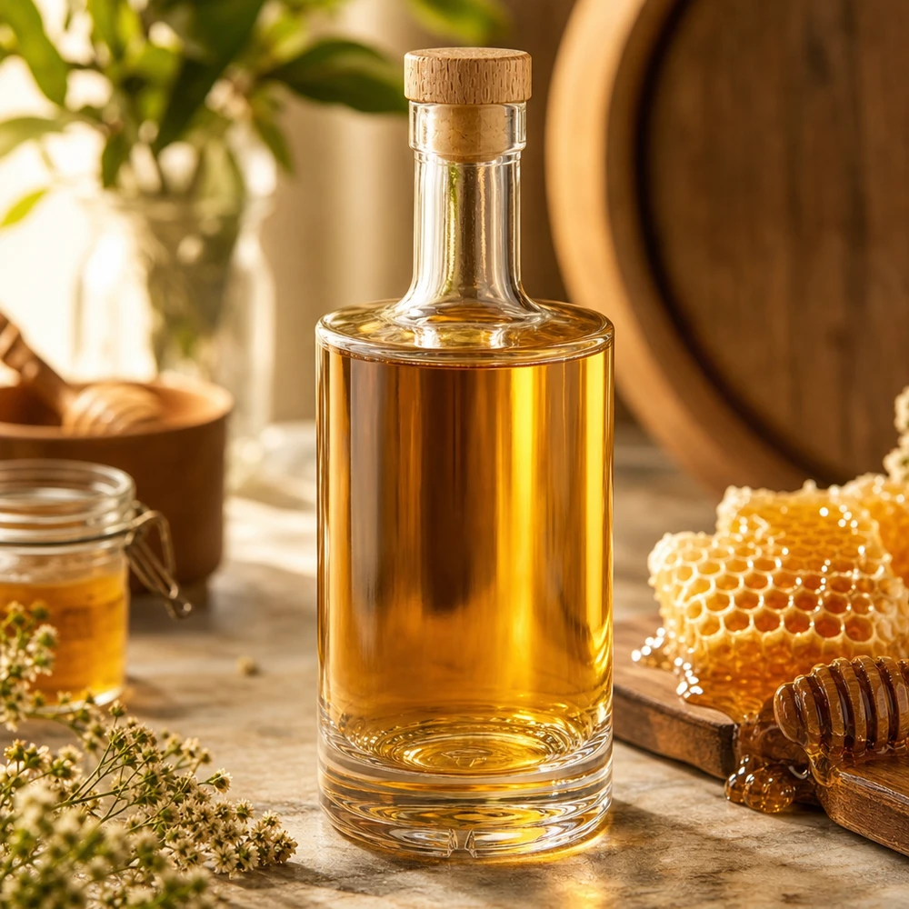 500ml Glasflasche Nora mit Honiglikör gefüllt Holzkorken UNiTWIST Bienenwaben Honigglas natürliche Deko