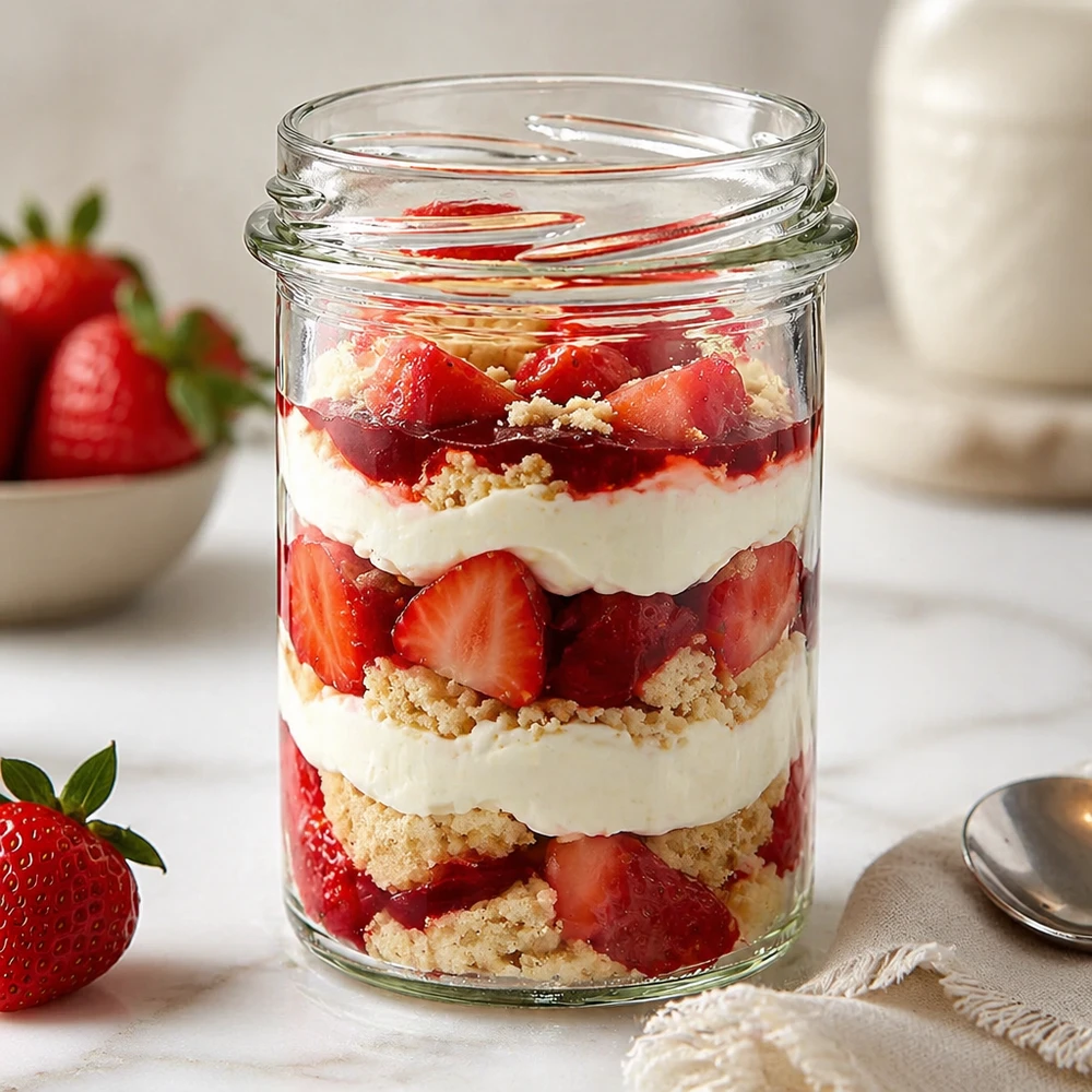 Tumbler 230ml bez víčka (TO66) UNiTWIST Sturzglas 230ml mit geschichtetem Erdbeer-Dessert befüllt, Sahne und Kekskrümeln, UNiTWIST Sturz230 TO66