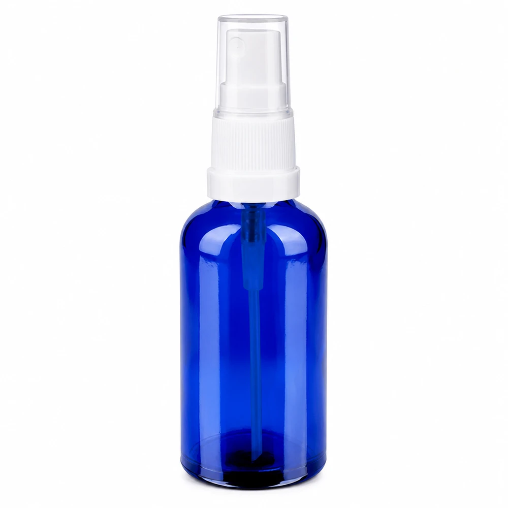 50ml lahvička s rozprašovačem bílá/transparentní standardní uzávěr BlueLine UT18/50 Robuste 50ml Zerstäuberflasche aus blauem Glas mit ergonomischem Sprühkopf