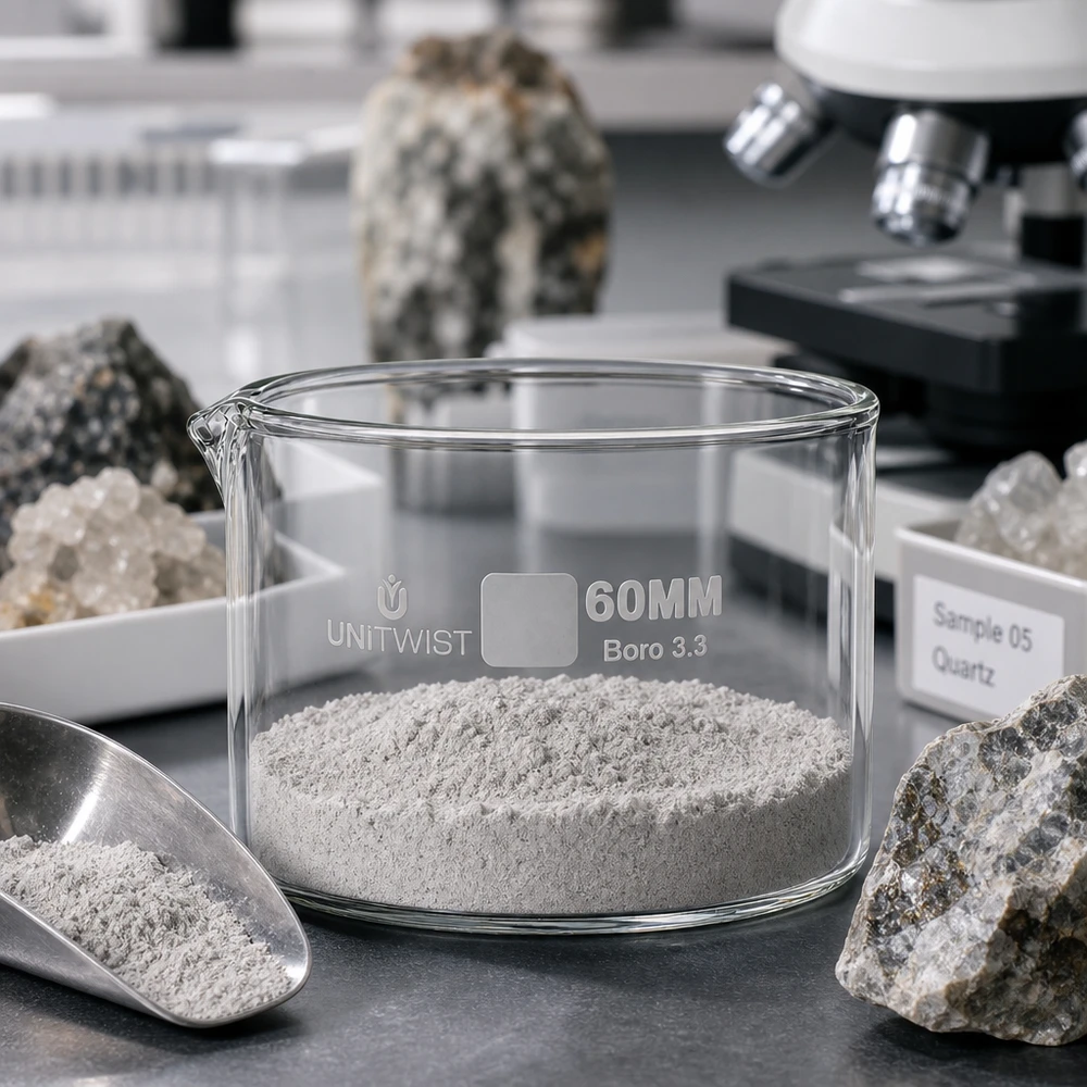 Krystalizační miska ø60 mm z borosilikátového skla UNiTWIST Kristallisierschale UNiTWIST 60mm Boro 3.3 mit grauem Pulver und Quarzprobe im Geologie-Labor