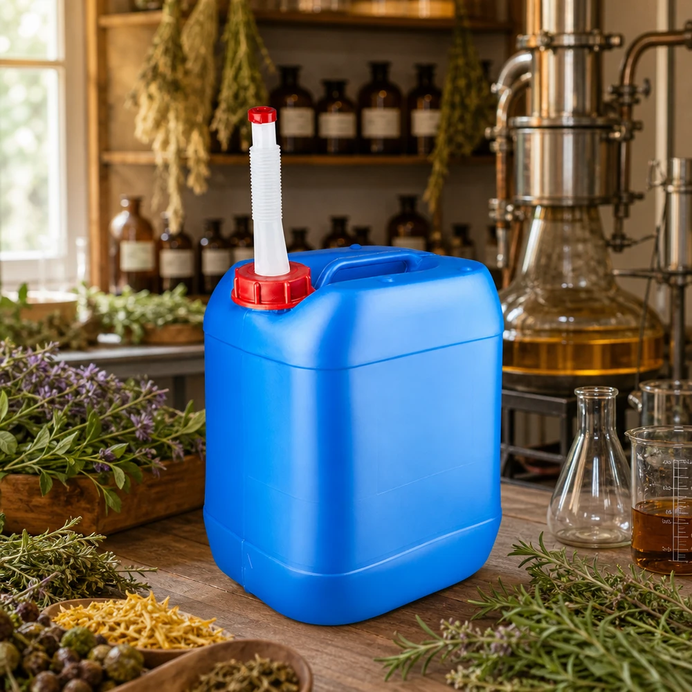 Kanister 20 Liter blau mit rotem DIN-Verschluss und flexiblem Ausgießer für Pflanzenauszüge