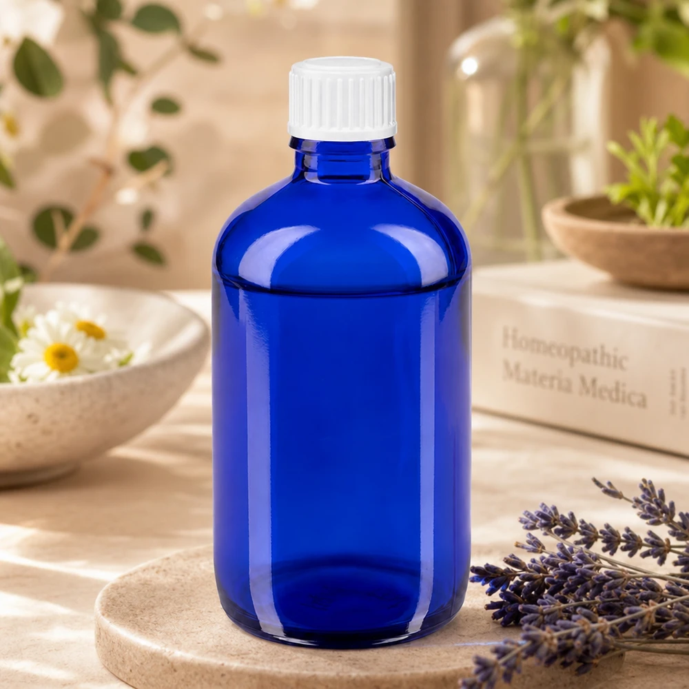 Lékárenská láhev modrá 100ml šroubovací uzávěr bílý standardní 100ml Apothekerglasflasche Blau für Tinkturen und ätherische Öle mit weißem Deckel