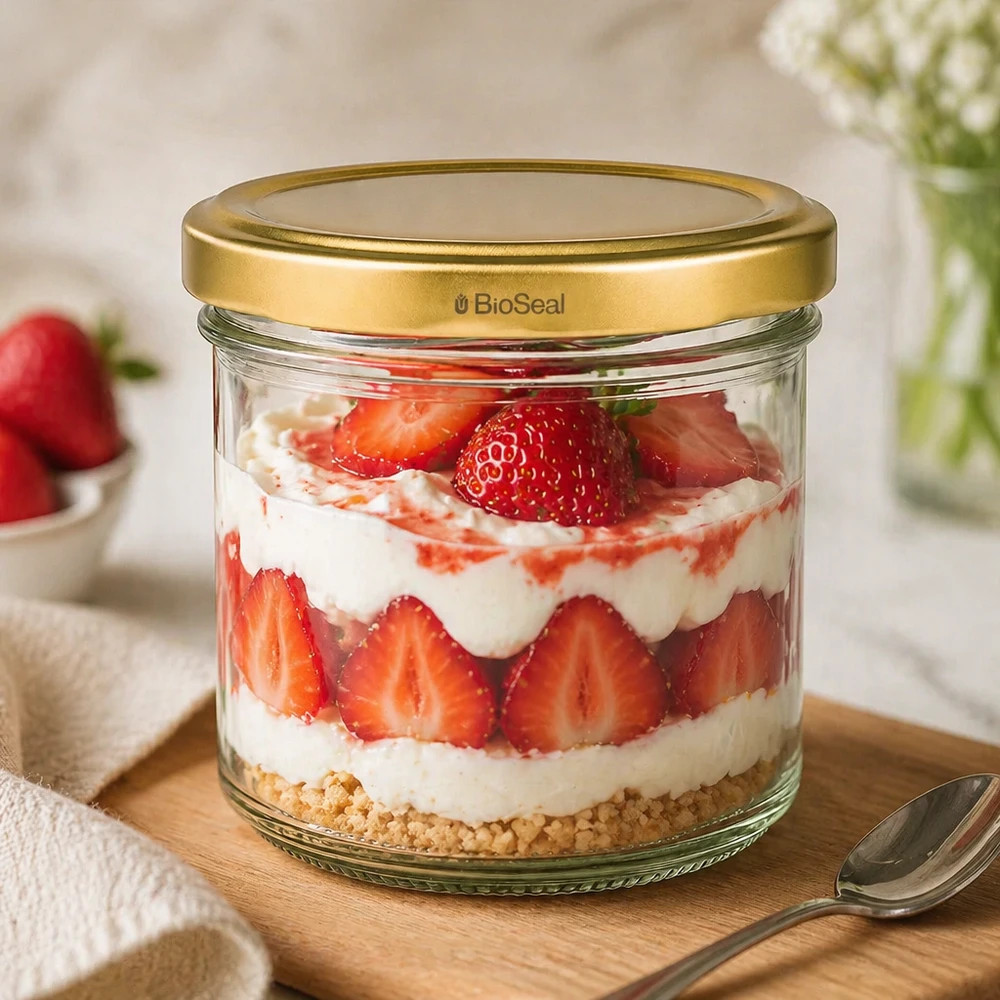 Nádoby o objemu 125 ml se zlatým víkem UNiTWIST BioSeal. UNiTWIST 125ml Dessertglas mit Erdbeertrifle - goldener TO66 Deckel auf Holzbrett mit Löffel und Deko