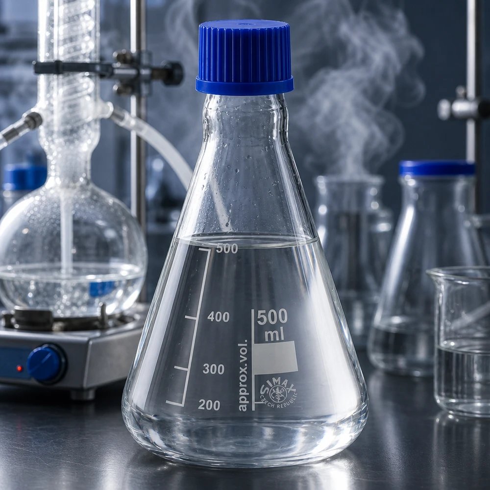 Erlenmeyerova baňka 500ml se šroubovacím uzávěrem Graduierter Erlenmeyerkolben 500ml mit chemikalienresistentem Verschluss für Synthesearbeiten