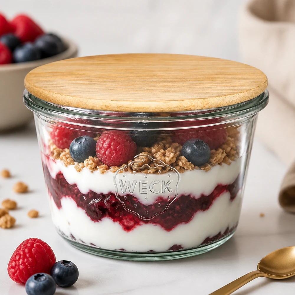 370ml tumblery WECK RR100 s dřevěným víkem buchta WECK RR100 Sturzglas 370ml mit Bambusdeckel gefüllt mit Beerenmüsli-Schichtdessert - Joghurt Granola Himbeeren