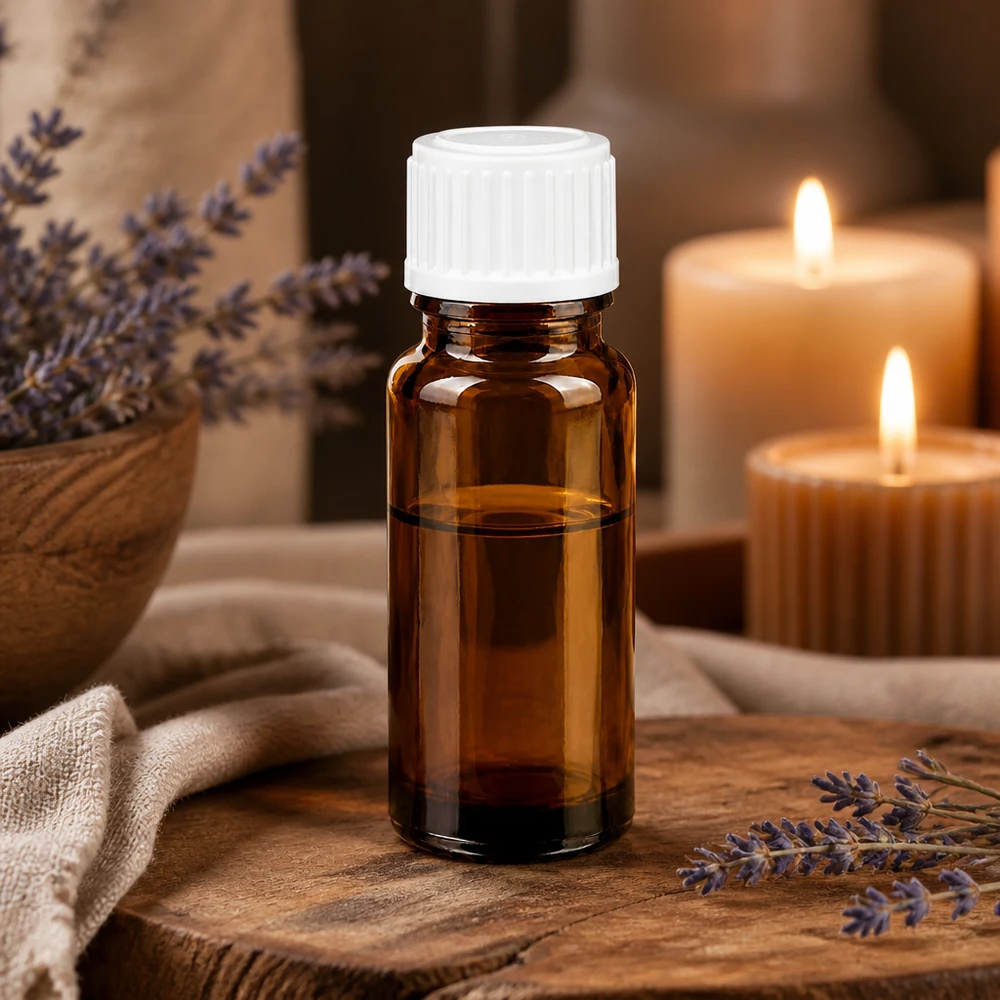 Medizinische Braunglasflasche 10ml mit weißem Verschluss neben Lavendelzweigen und Kerzen