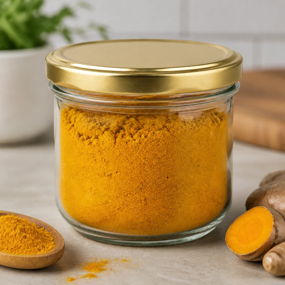 260ml Sturzglas mit Kurkuma Pulver gefüllt und BasicSeal Deckel gold zeigt vielseitige Verwendung für Gewürze