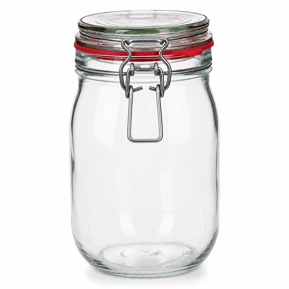 1140ml zavařovací sklenice s gumovým kroužkem a výkyvným víčkem UNiTWIST. Klassisches Einweckglas 1140ml mit Metallbügel aus hochwertigem Klarglas