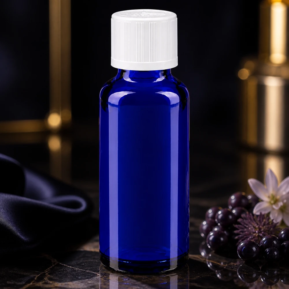 Dunkelblaue 30ml Apothekerfl. mit 11mm Kindersicherheitsverschluss in Studioaufnahme