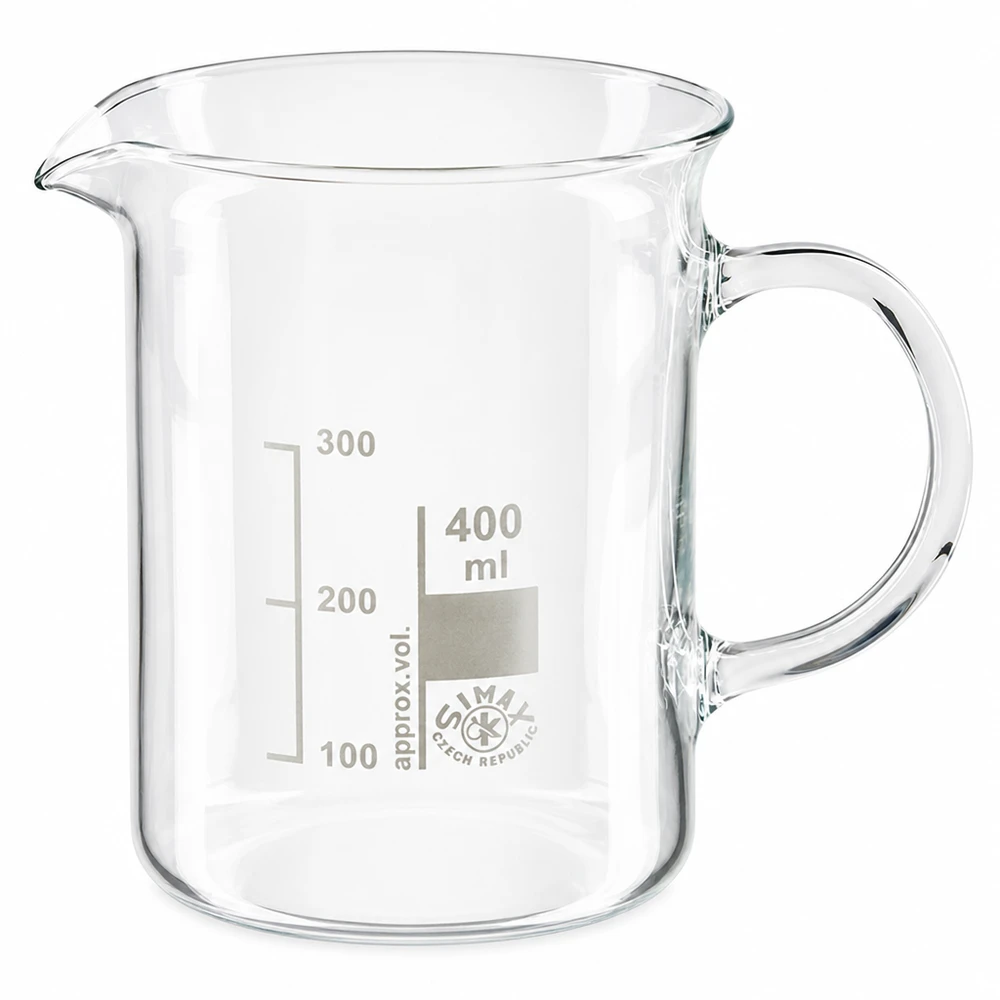 Kádinka z borosilikátového skla o objemu 400 ml, s rukojetí Simax Becherglas mit Henkel 400ml Borosilikat hohe Form mit eingeätzter Skala