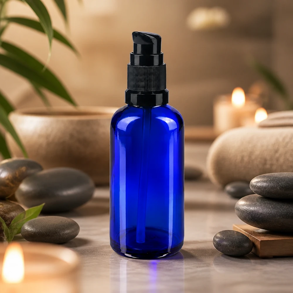 Lékárenská láhev modrá 50ml pumpovací uzávěr černý standardní Runde blaue 50ml Glasflasche mit schwarzem Spenderkopf im Spa Ambiente