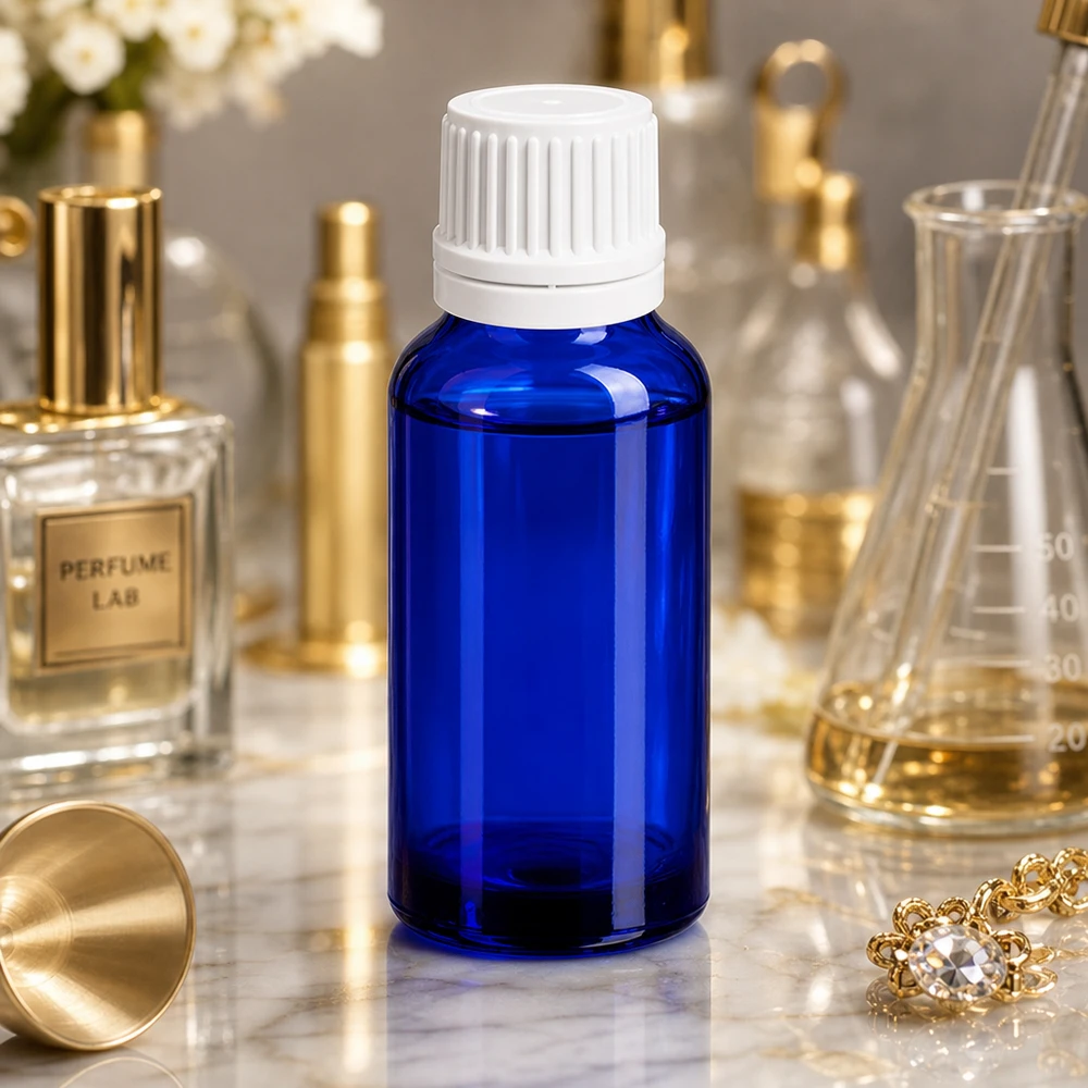 20ml lahvička s kapátkem 0,7mm bílá s uzávěrem s možností manipulace BlueLine UT18/20 20ml Tropfflasche aus UV-schützendem blauem Glas mit sicherem Originalitätsverschluss